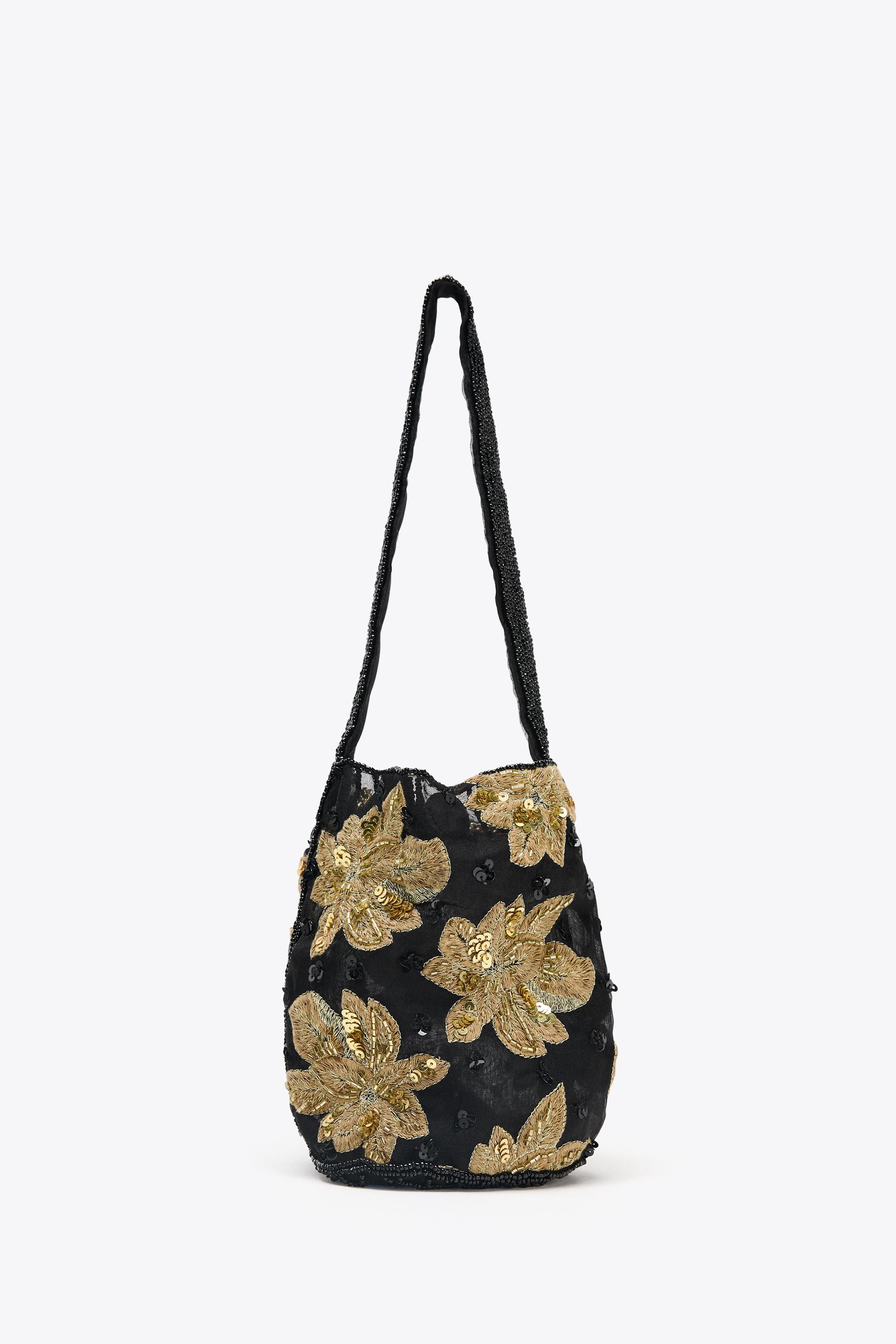 フラワー刺繍入りバケットバッグ - ブラック | ZARA Japan / 日本