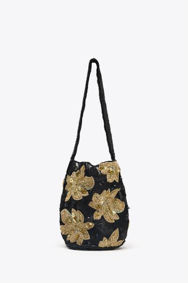 FLORAL EMBROIDERY BUCKET BAG - Black by Zara - Image 1