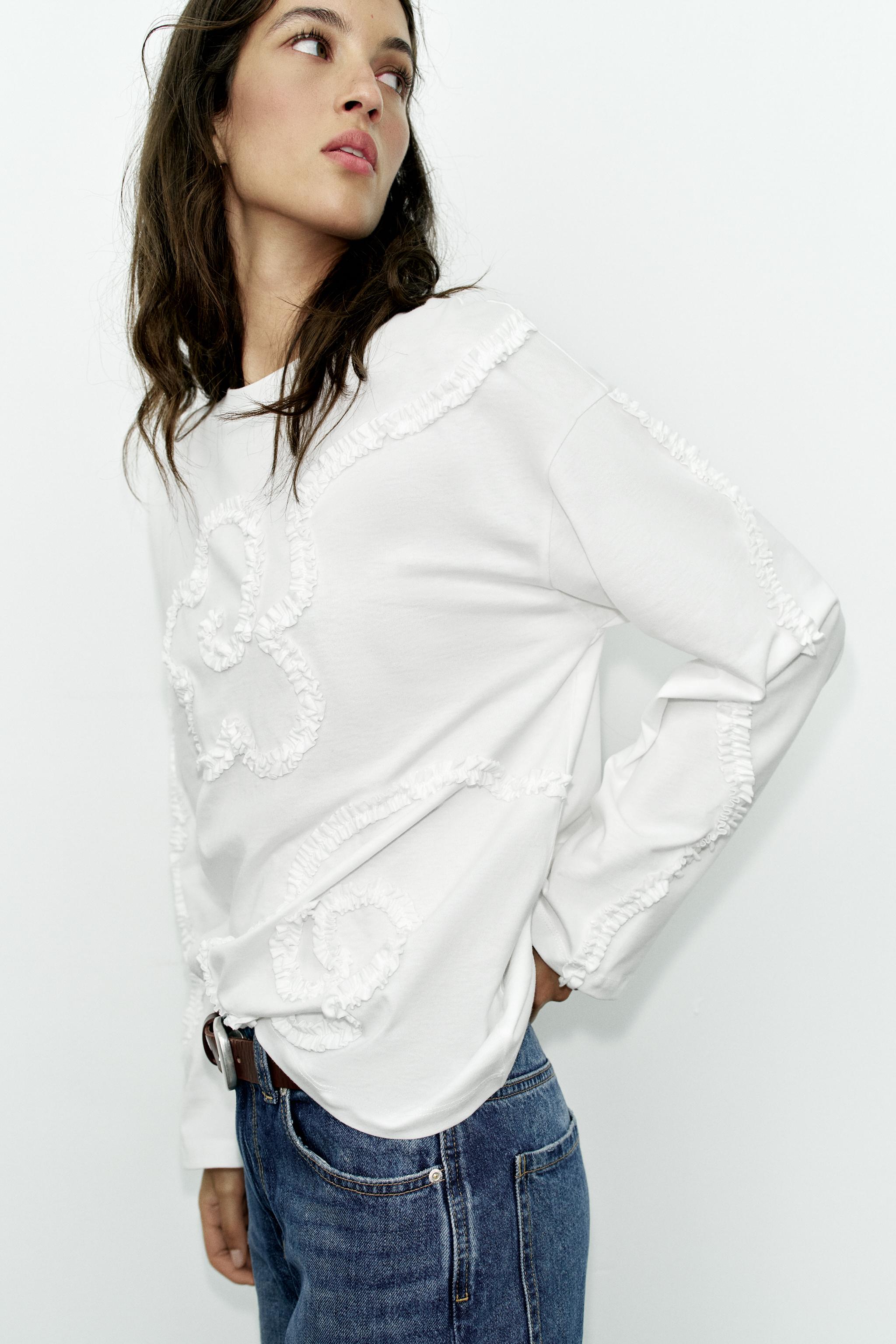 Женские футболки Zara LONG SLEEVE TEXTURED T-SHIRT — фото 4
