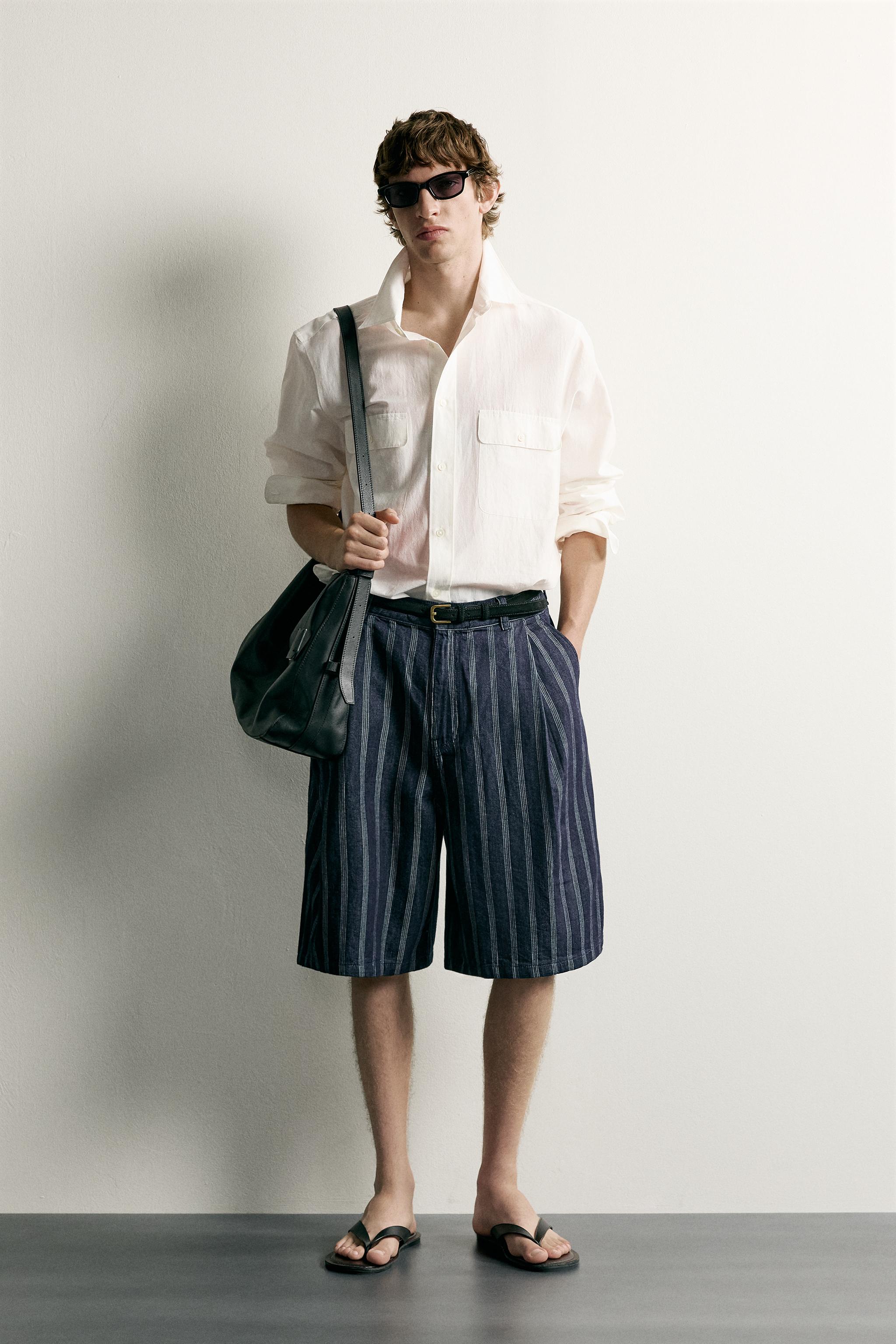 RELAXED FIT PLEATED STRIPED SHORTS