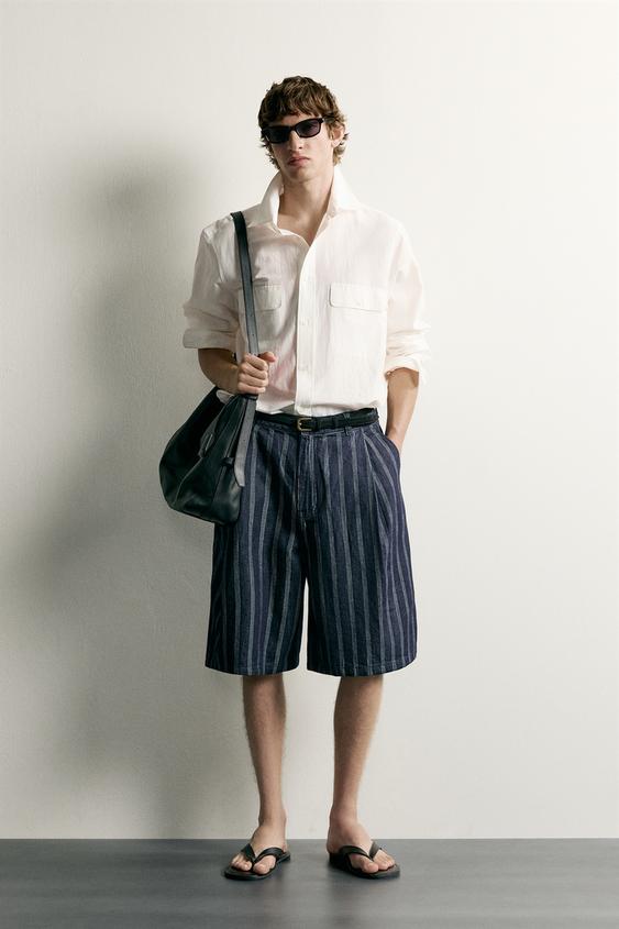STRIPED PLEATED RELAXED FIT BERMUDA SHORTS - Blue de Zara - Imagen 0