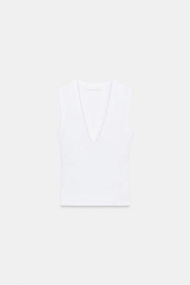 Zara PAMUČNA MAJICA S V-IZREZOM – Bijela