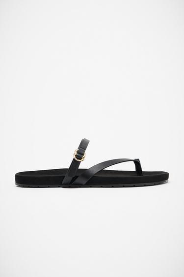 Zara FLAT LEATHER STRAP SANDALS - Black