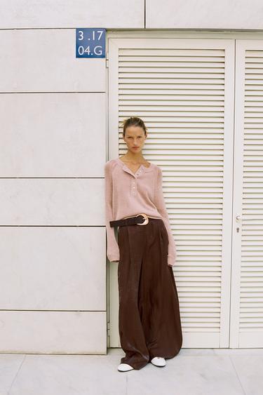 WIDE-LEG SATIN TROUSERS WITH BELT - Brown by Zara