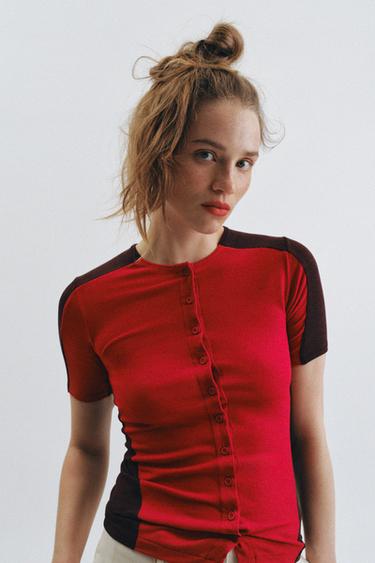 SHORT SLEEVE BUTTON T-SHIRT - Bright red by Zara