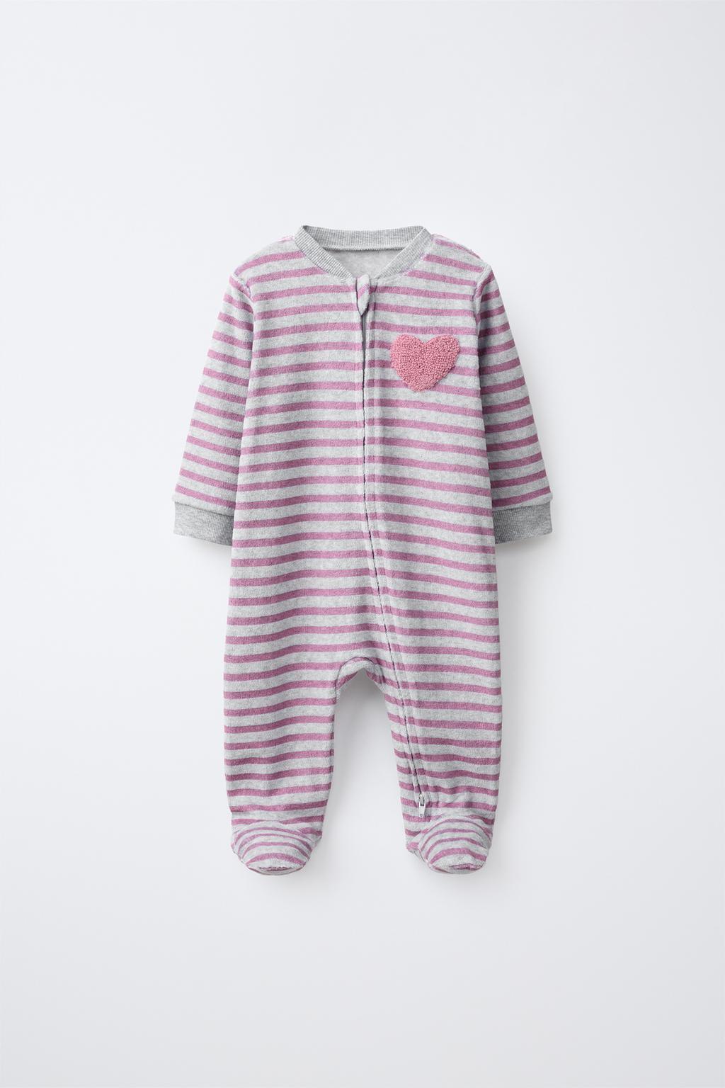 Striped Velour Embroidered Sleepsuit