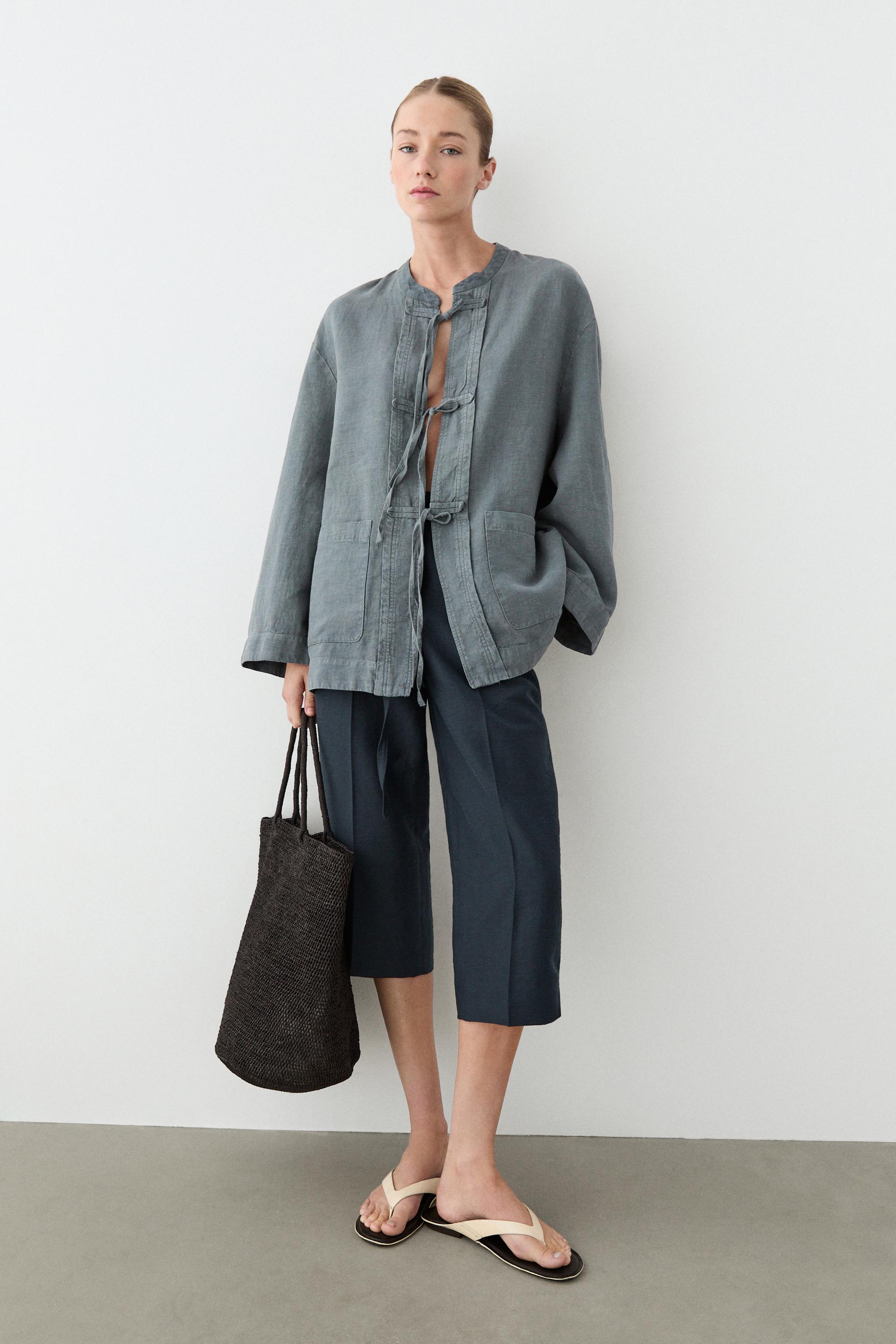 100% linen kimono with bows — Blue