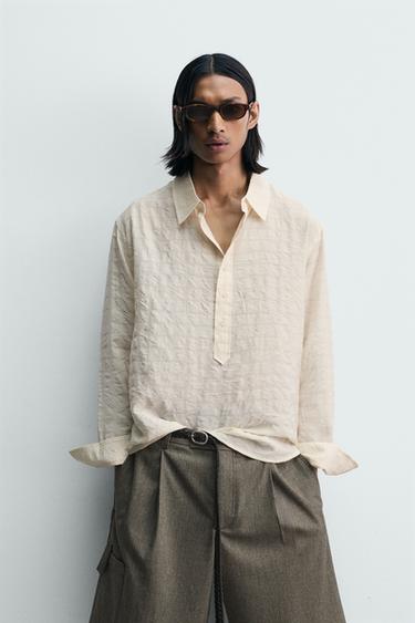 CAMISA POLO JACQUARD DE QUADRES AMB EFECTE ARRUGAT - Blanc trencat de Zara