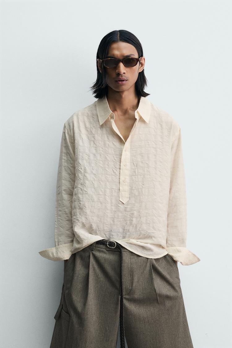 ZARA CREASED-EFFECT CHECK JACQUARD POLO SHIRT