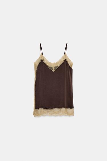 ZW COLLECTION SATIN TOP WITH LACE TRIM - Brown by Zara