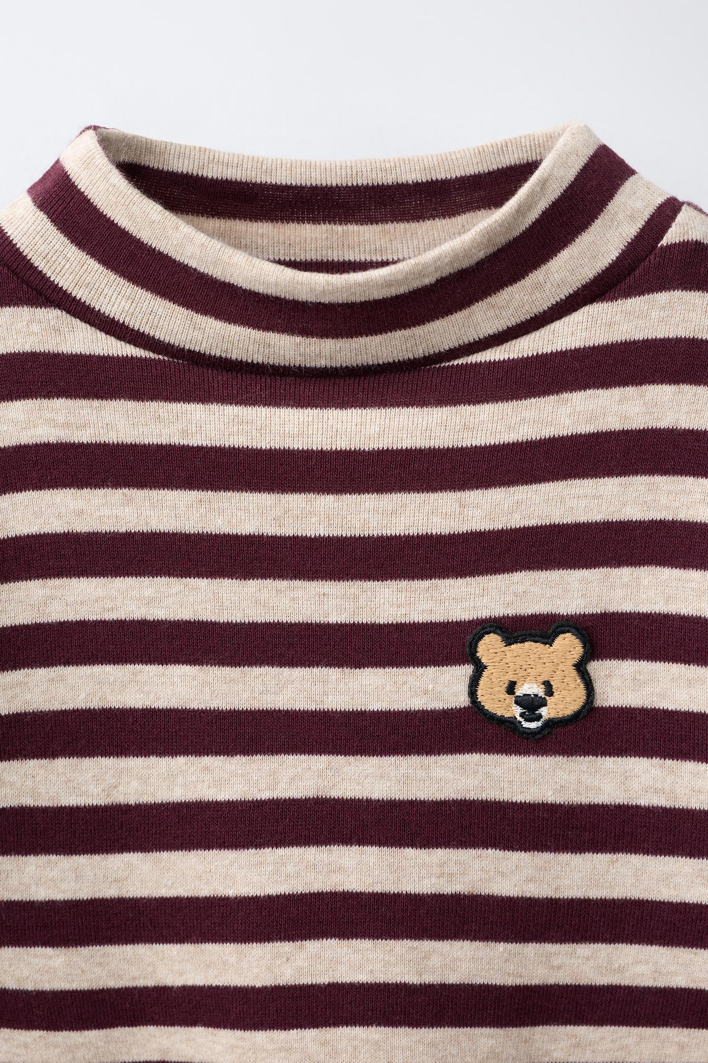 Детская футболка Zara Striped Bear Patch Soft Touch, цвет: Бордовый — фото 4