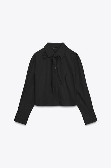 POPLIN SHIRT WITH TIED DETAIL - Black by Zara