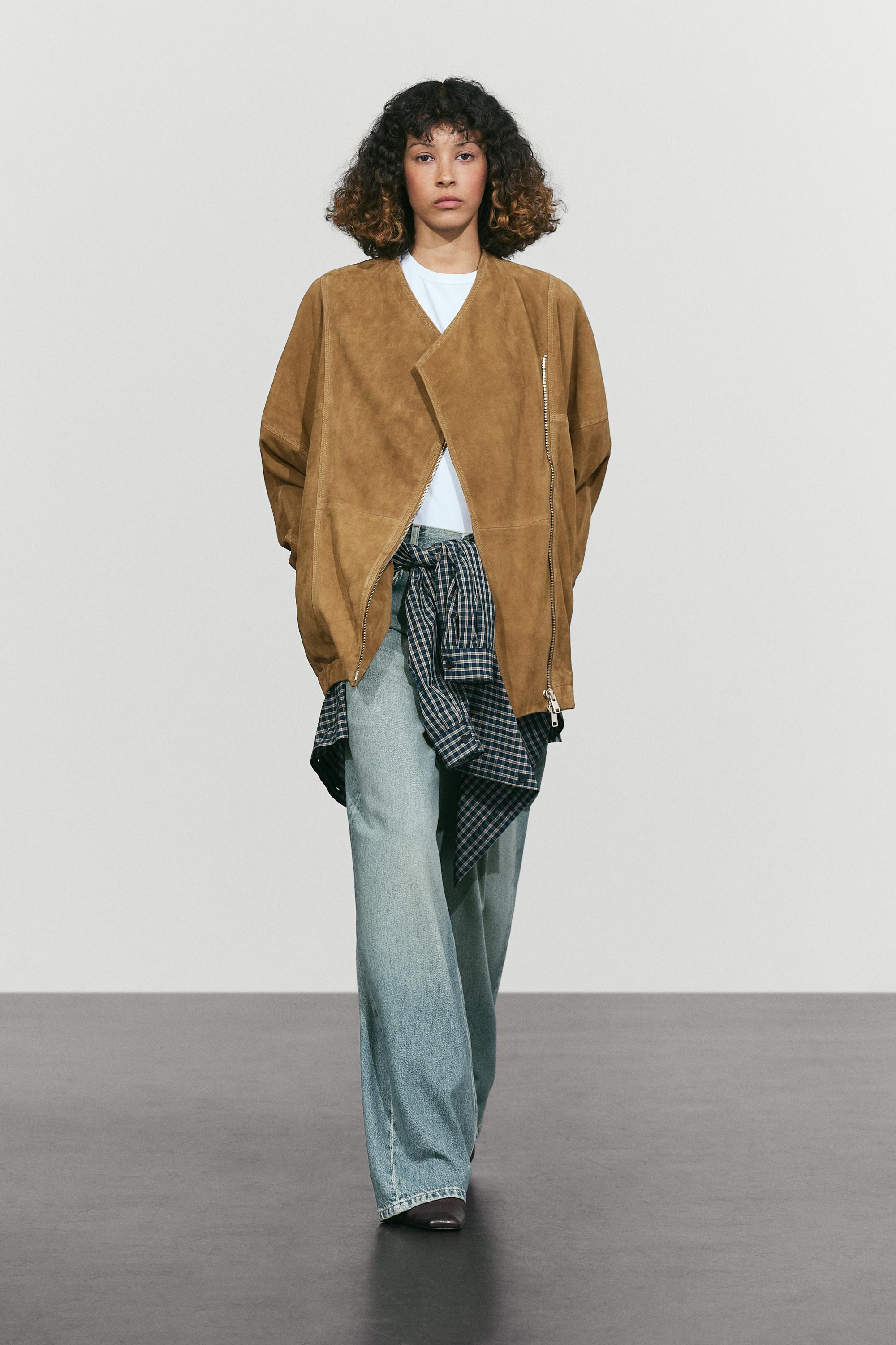 Asymmetrical suede leather zip-up jacket — Light brown