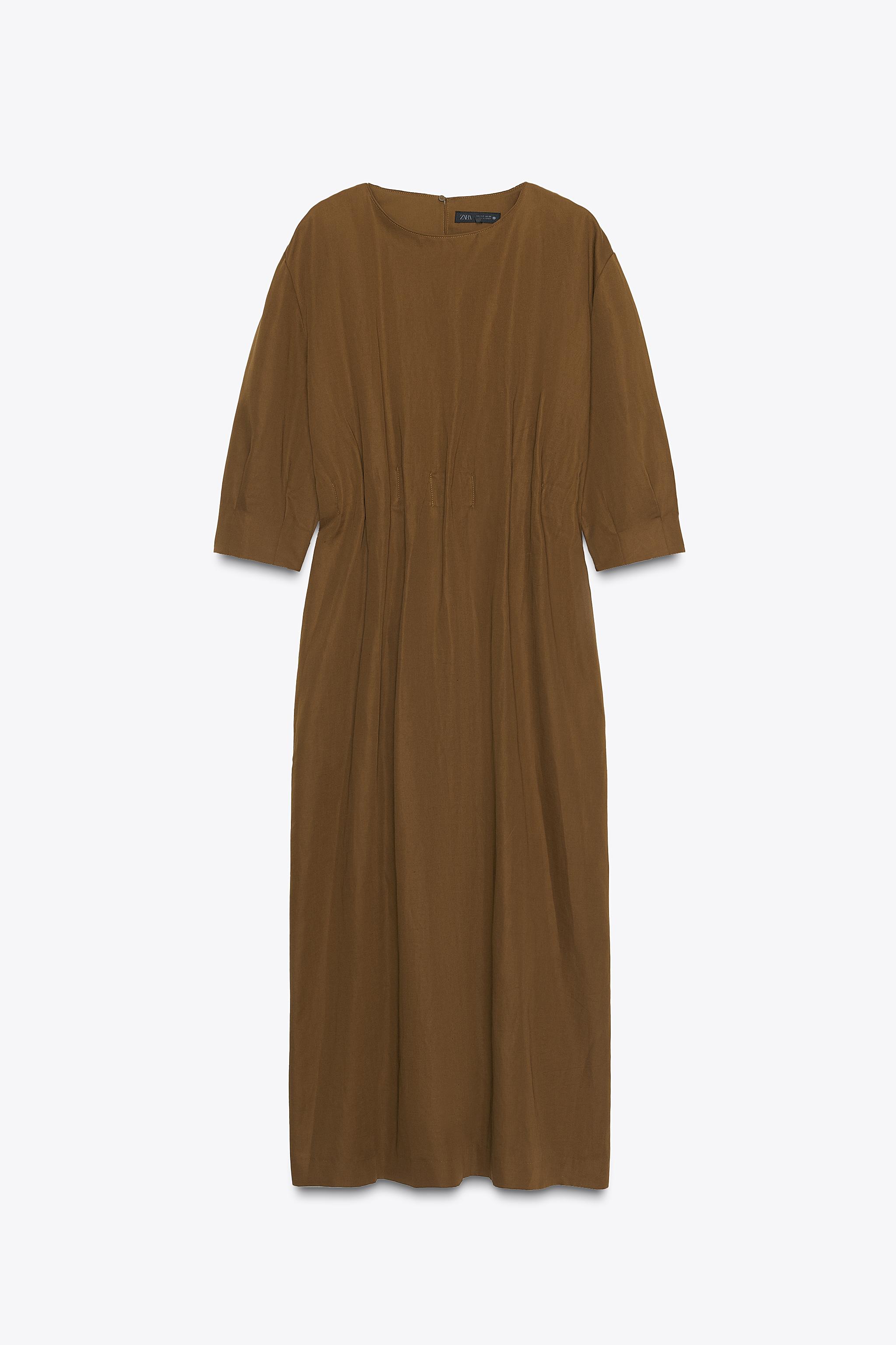 ZW COLLECTION プリーツ入りミディワンピース - オークル | ZARA