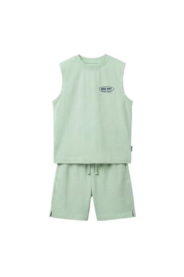 Zaras SET MED T-SHIRT OCH BERMUDASHORTS MED TEXT - Havsgrön