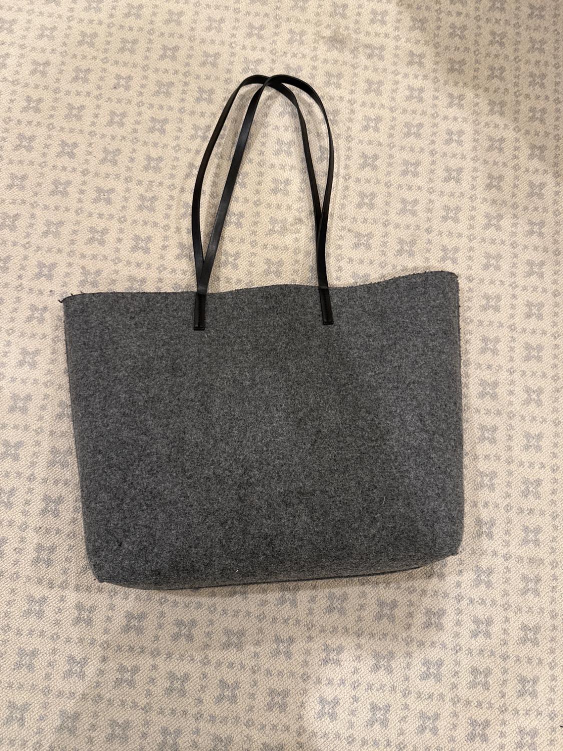 Front view of grey bag with black handles