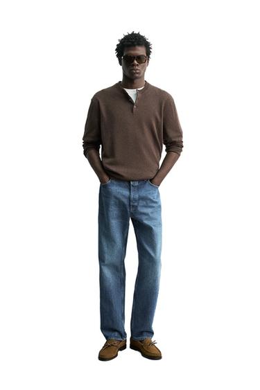 COTTON BLEND HENLEY NECK JUMPER - Chocolate by Zara