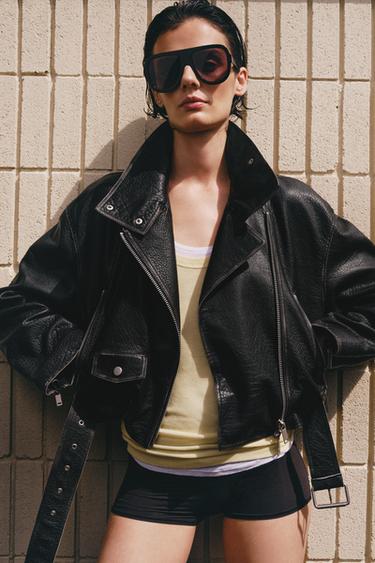 جاكيت BIKER جلد ZW COLLECTION إصدار محدود - أسود by Zara