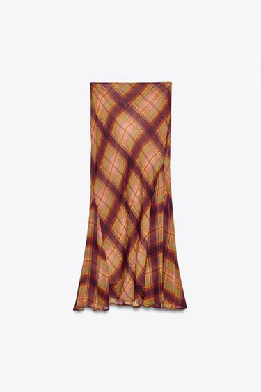 ZW COLLECTION CHECK LONG SKIRT - Burgundy by Zara