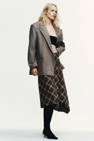 Zara ASYMMETRIC PLAID MIDI SKIRT - Dark khaki - Image 0