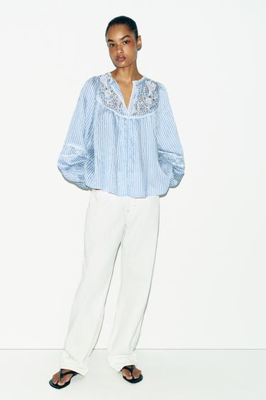 Zara STRIPED EMBROIDERED BLOUSE - striped