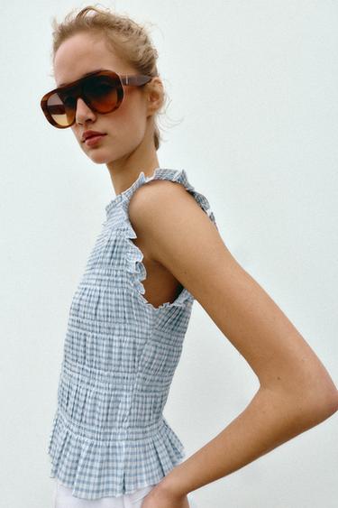 GINGHAM SMOCKED TOP - Ecru / Blue by Zara - Image 3