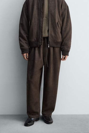 Zara 人造麂皮打褶長褲 - 棕色