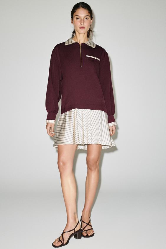 VESTIDO CORTO COMBINADO CREMALLERA - Granate de Zara - Imagen 0
