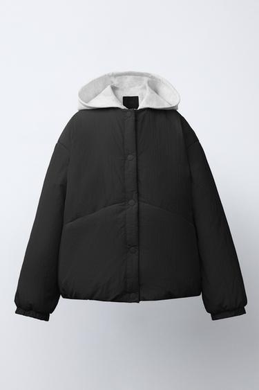 Zara HOODED PLUSH PUFFER JACKET - Black