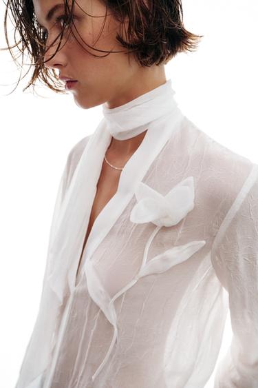 SEMI-SHEER BLOUSE WITH FLOWER - White by Zara - Image 3
