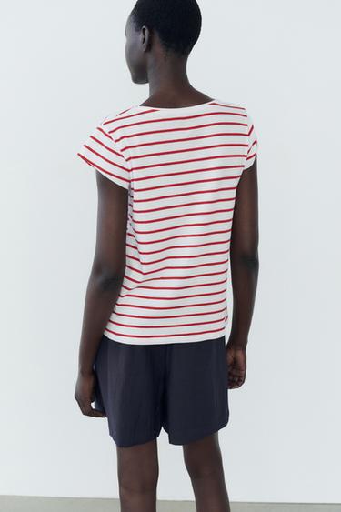 SHORT SLEEVE COTTON T-SHIRT - Red Stripe by Zara