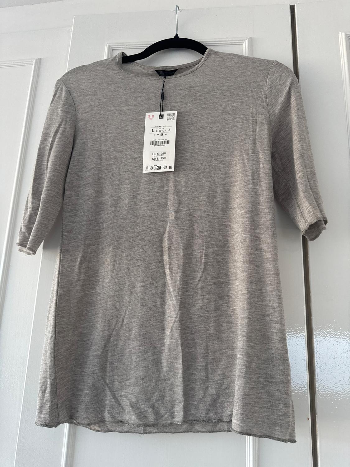 Grey short-sleeved T-shirt hanging on a black hanger, with a visible price tag showing US$ 2.50 and UK£ 1.99.