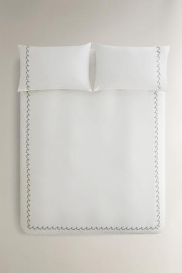 SATEEN DUVET COVER WITH EMBROIDERED LEAVES - Green by Zara - Image 0