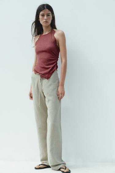 HALTER TOP S TEXTUROU A KRAJKOU - Tmavě růžová od Zara