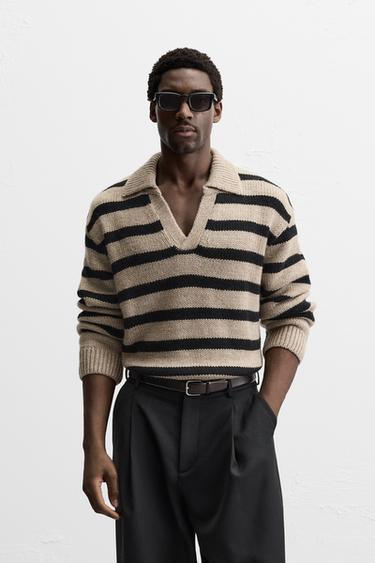 STRIPED KNIT POLO SHIRT - Dark beige by Zara
