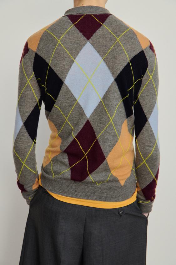 100% WOOL ARGYLE POLO JUMPER - Multicoloured by Zara - Image 1