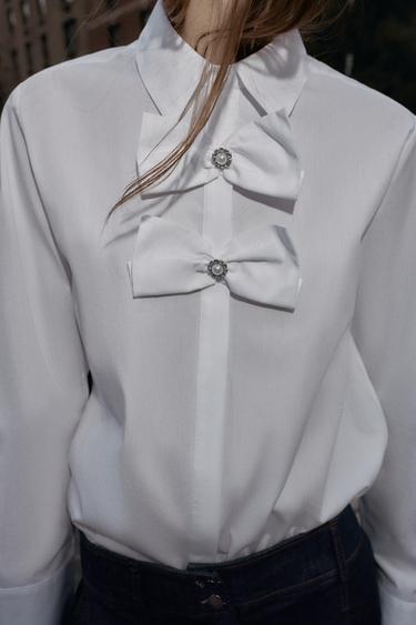 Zara POPLIN SHIRT WITH TIES AND PEARLS - White