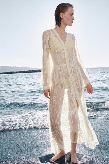 Zara ZW COLLECTION LONG LACE DRESS - Oyster-white