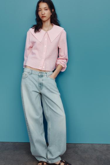 Zara BIB COLLAR GINGHAM SHIRT - Pink / White - Image 0