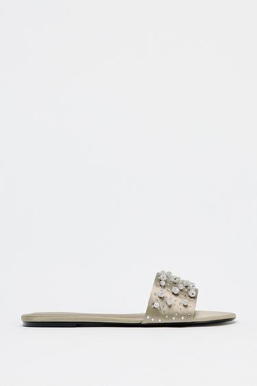 SATIN-EFFECT FLAT SANDALS WITH SHINY DETAIL - Taupe Grey by Zara - Image 0