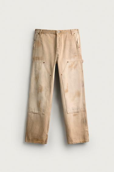Zara VINTAGE EFFECT CARPENTER PANTS - Ecru
