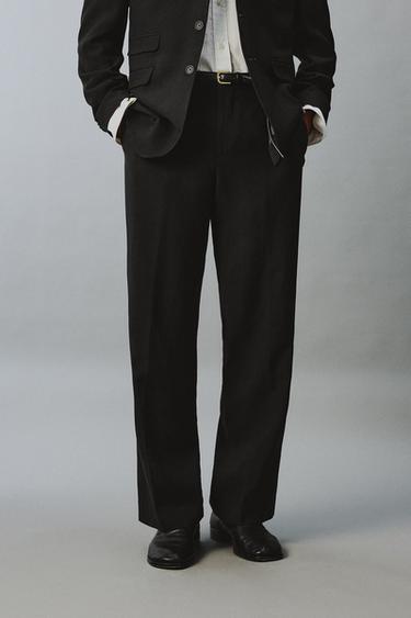 Zara RELAXED FIT VISCOSE-LINEN SUIT PANTS - Black