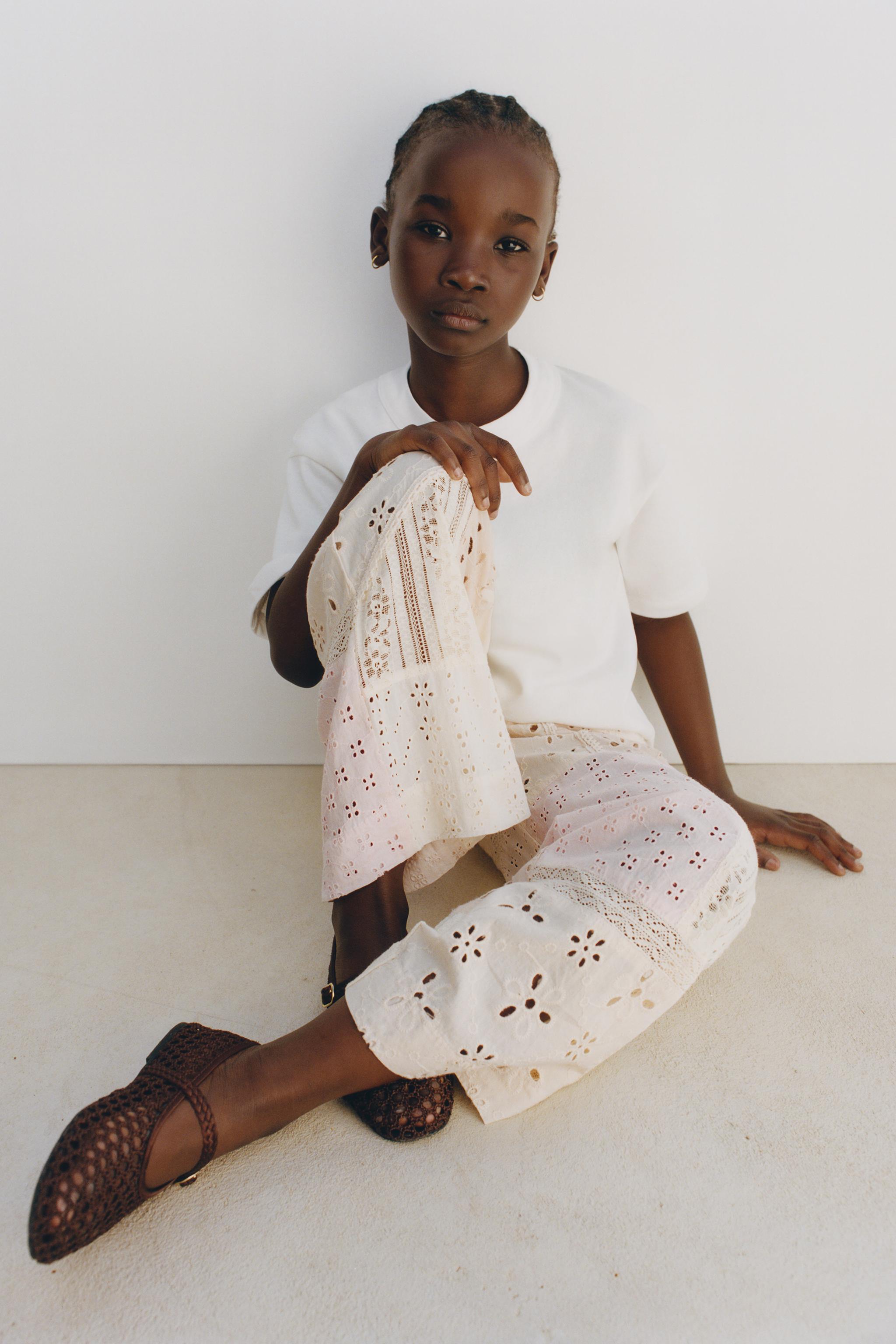 STRAIGHT PATCHWORK TROUSERS WITH SWISS EMBROIDERY - Beige