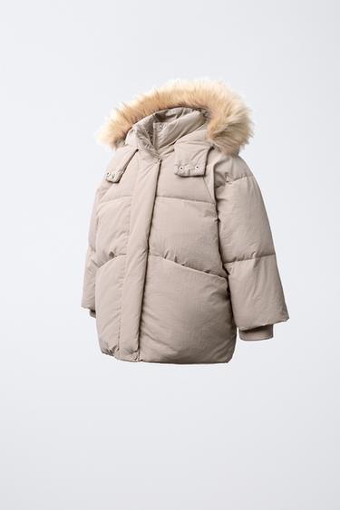 XHUP ME PUPLA DHE KAPUÇ ME GËZOF TË LËVIZSHËM WATER REPELLENT - Bezhë nga Zara