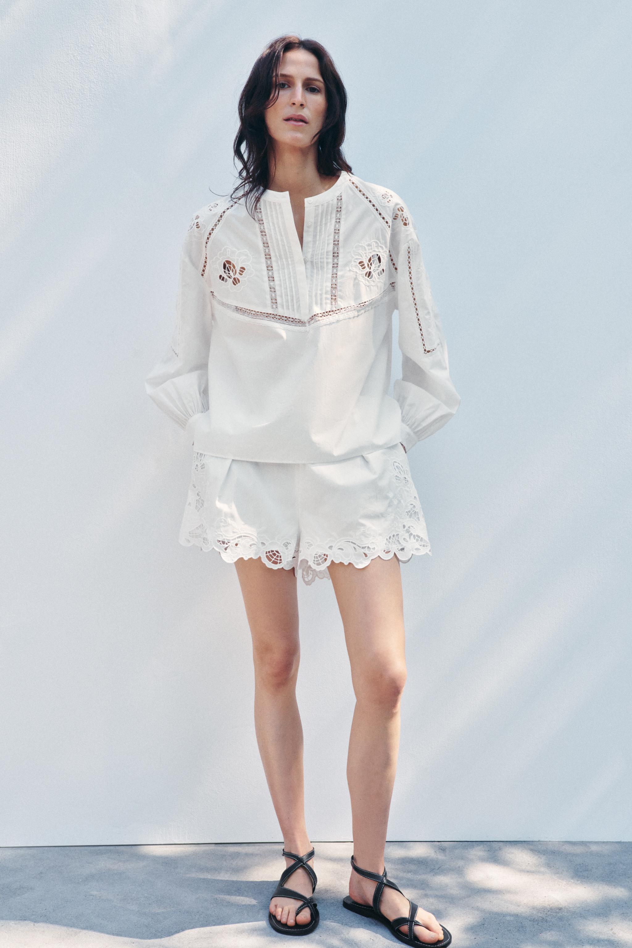 ZW COLLECTION EMBROIDERED OPENWORK BLOUSE - White | ZARA