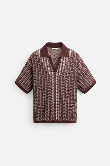 CONTRAST TEXTURED KNIT POLO SHIRT - Burgundy by Zara - Image 7