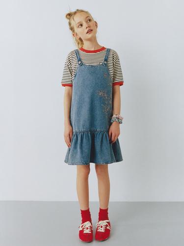 Zara EMBROIDERED FLORAL DENIM DRESS - Blue