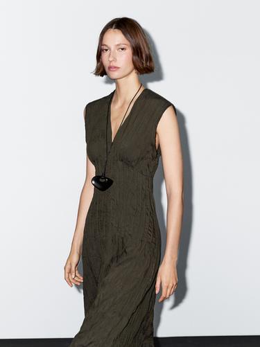 Zara Creased-effect long pleated dress - Duck green