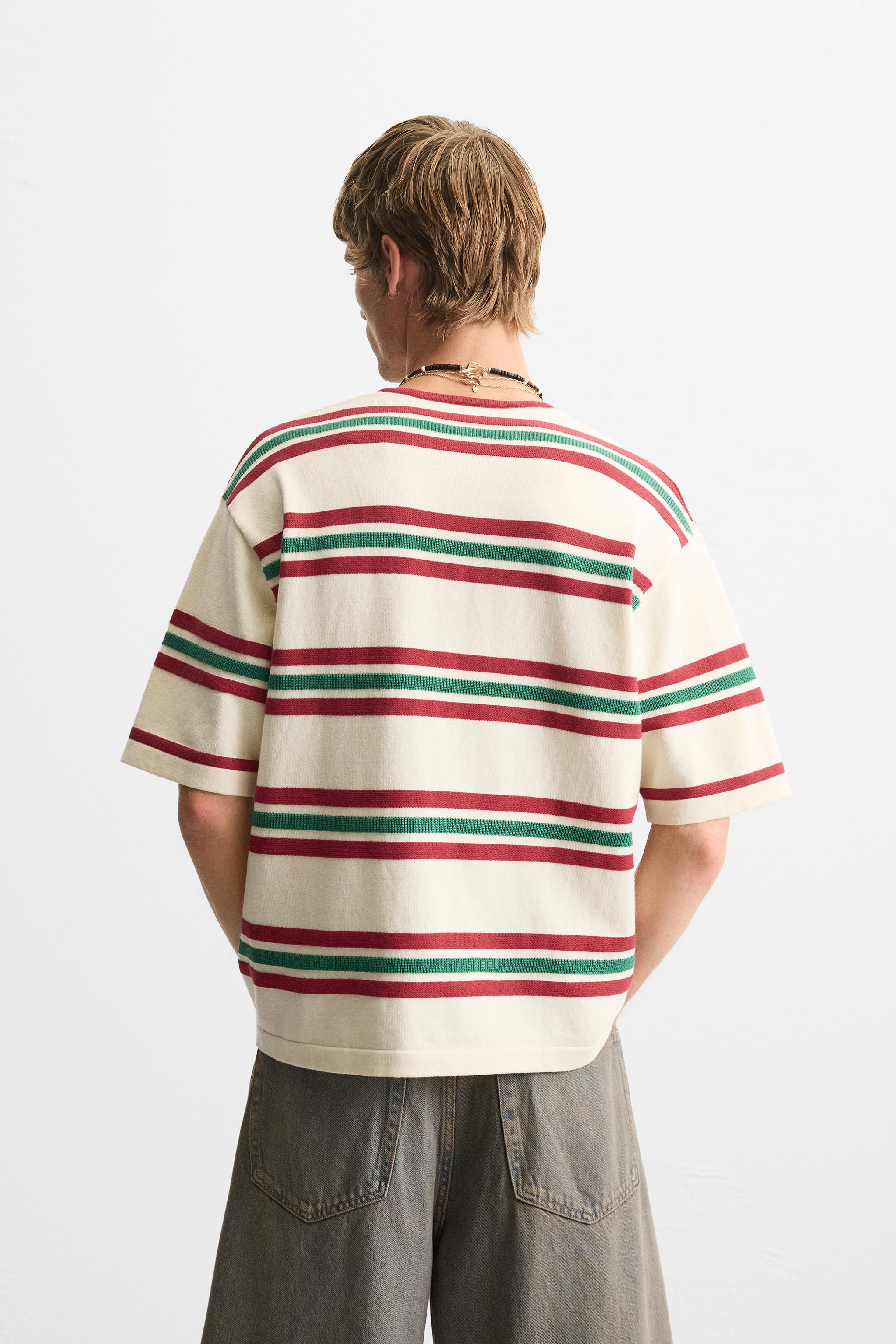STRIPED TEXTURED KNIT T-SHIRT - Red | ZARA United States