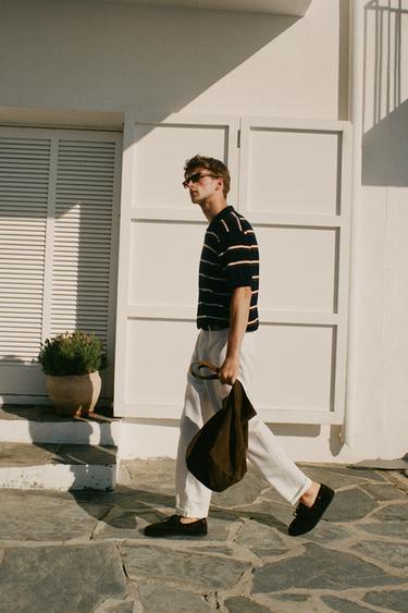 Zara Striped V-neck knit polo shirt - Navy blue
